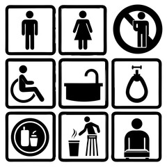 Design a clean and minimalistic icon set in black and white representing common public facility signs. Include icons for male restroom, female restroom, accessible restroom (wheelchair)