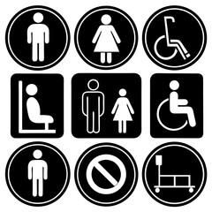 Design a clean and minimalistic icon set in black and white representing common public facility signs. Include icons for male restroom, female restroom, accessible restroom (wheelchair)