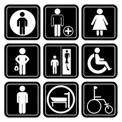 Design a clean and minimalistic icon set in black and white representing common public facility signs. Include icons for male restroom, female restroom, accessible restroom (wheelchair)