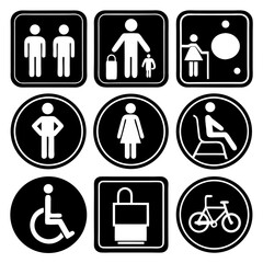 Design a clean and minimalistic icon set in black and white representing common public facility signs. Include icons for male restroom, female restroom, accessible restroom (wheelchair)