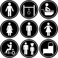 Design a clean and minimalistic icon set in black and white representing common public facility signs. Include icons for male restroom, female restroom, accessible restroom (wheelchair)
