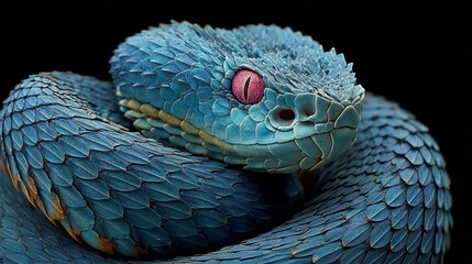 A Stunning Blue Gaboon Viper Snake Close Up Reveals Intricate Scales and Striking Pink Eye
