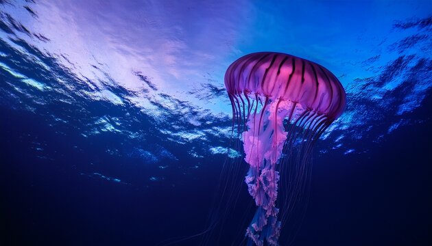 glowing purple jellyfish swimming underwater in the ocean at dusk with a dramatic sky in the background