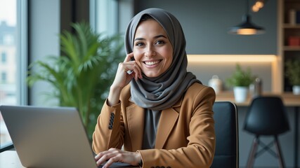 Fototapeta premium Portrait of muslim female entrepreneur sitting at workplace in modern office 