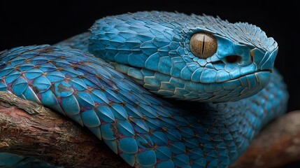 Fototapeta premium Vibrant Blue Viper Snake Closeup Striking Scales Reptile Wildlife Nature Photography