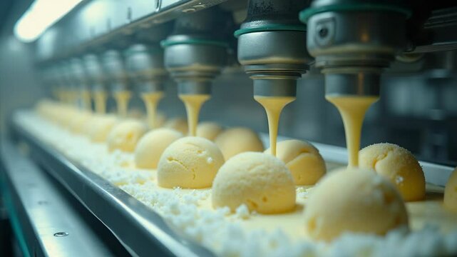 Mochi ice cream production line in action with innovative machinery making delicious treats
