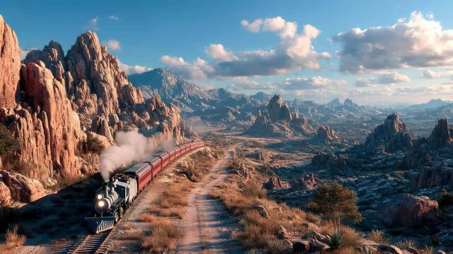 Vintage steam train traveling through a rugged wild west desert landscape with towering rock formations and clear blue skies