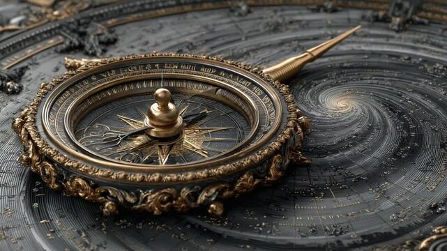 A Highly Detailed Close-Up of an Ornate Golden Compass Against Swirling Gray Background
