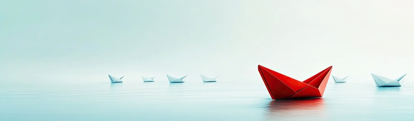 Obraz premium A single red paper boat leads a fleet of white ones