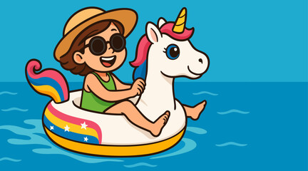 Happy relaxation woman swimming in ocean on large inflatable unicorn float. Smiling girl in summer hat and sunglasses swimming by sea waves