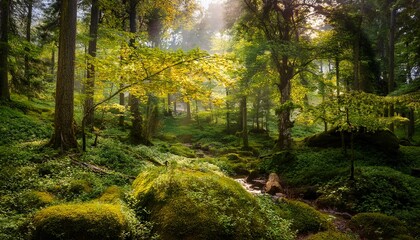 Fototapeta premium captivating forest landscape with lush greenery and vibrant yellow accents