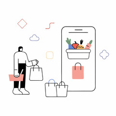 Grocery shipping illustration set. Character buying online fresh organic vegetables, paying for an order and getting groceries delivered. Grocery food delivery concept. Vector