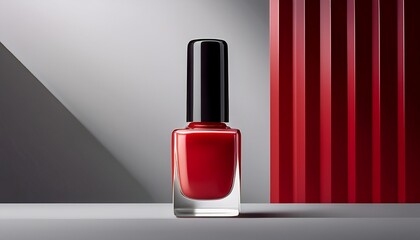 bold red nail polish bottle mockup on minimalist background