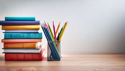 books stack of books colorful books stack of colorful books and pencils on wooden floor against a white wall