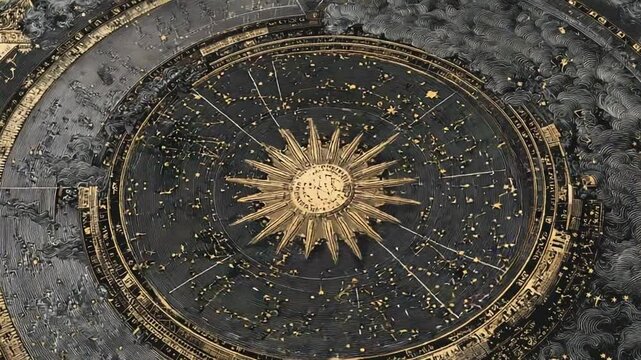 Ancient Astrological Celestial Map with Zodiac Signs and Constellations in Gold and Black