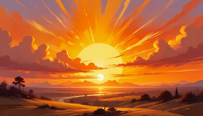 Yellow orange sunburst background, sunrise over the mountains, nature wallpaper 