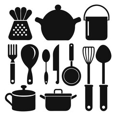 Collection of Kitchen Utensils and Cookware Icons Pots, Pans, Spoons, Forks, and More