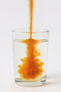 Bright orange powder is poured into a clear glass of water, creating a vibrant swirling pattern as it dissolves on a plain white backdrop.