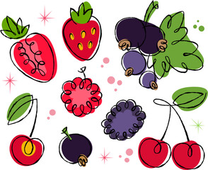 Hand drawn fruit and berry collection with strawberry and cherry illustrations on transparent background. Cute style for summer.