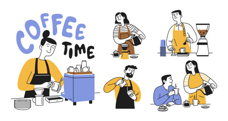 Doodle set of men and women. People communication over a cup of hot coffee. Concept of making coffee by barista or at home by yourself. Vector