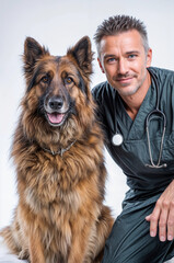 Vet with a shepherd dog on white background. Veterinary medicine, animal care and pet concept. Studio portrait for poster, commercial, design 