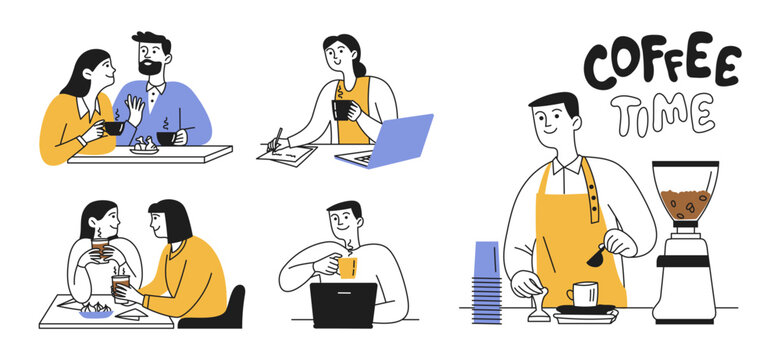 Doodle set of men and women. People communication over a cup of hot coffee, tea. Concept of barista service and customers in cafe, restaurant. Vector illustration