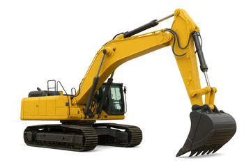 Fototapeta premium Yellow excavator with extended arm on transparent background