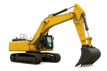Yellow excavator with extended arm on transparent background