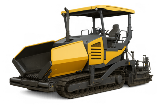 Yellow asphalt paver laying road on transparent background