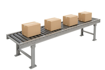 Cardboard boxes moving on industrial conveyor belt with transparent background