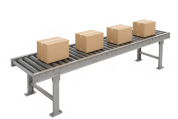 Cardboard boxes moving on industrial conveyor belt with transparent background