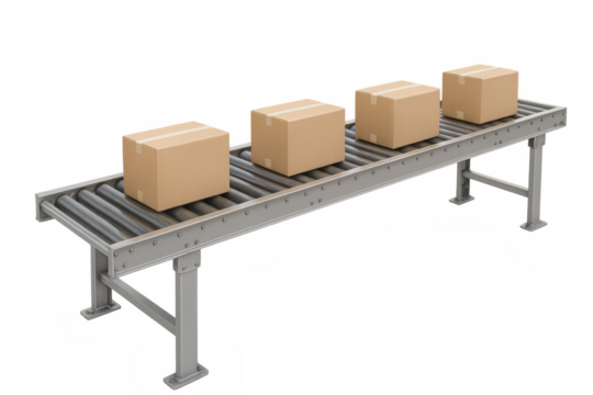 Cardboard boxes moving on industrial conveyor belt with transparent background