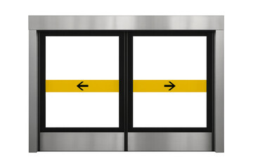 Sliding doors opening and closing with entry and exit signs on transparent background