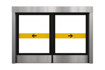 Sliding doors opening and closing with entry and exit signs on transparent background