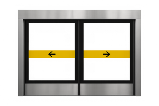 Sliding doors opening and closing with entry and exit signs on transparent background