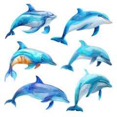 Naklejka premium Six Vibrant Dolphins Leaping and Swimming in a Captivating Underwater Scene
