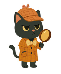 Cute black cat detective character in a checkered coat and matching deerstalker hat, holding a  
