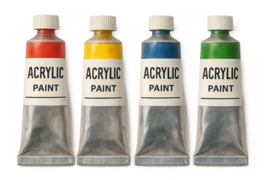 Red, yellow, blue, and green acrylic paint in metal tubes, isolated on a transparent background, ready for artistic creations