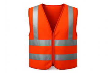 Bright orange safety vest with reflective stripes on transparent background
