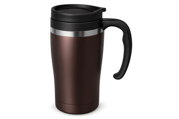 Brown metal travel mug with black lid and handle on transparent background