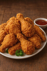Golden, Crispy Fried Chicken: A delicious serving of freshly fried chicken is served on a white plate with a side of sauce.