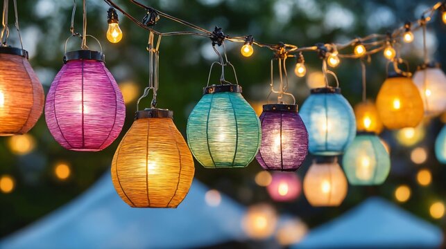 Colorful paper lanterns hanging on string lights, festive outdoor night celebration