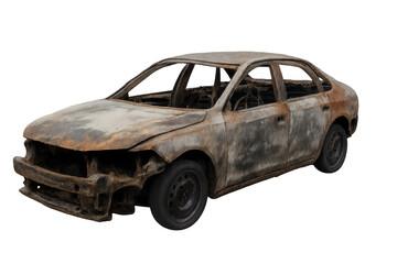 Burned car wreck with transparent background, showing fire damage and destruction