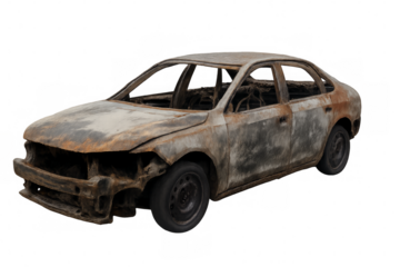 Burned car wreck with transparent background, showing fire damage and destruction