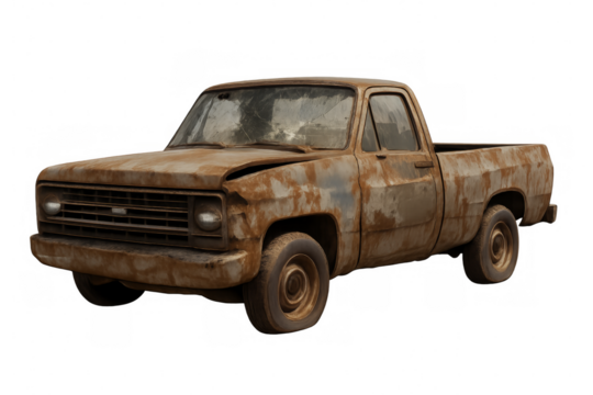 Rusty abandoned pickup truck isolated on transparent background