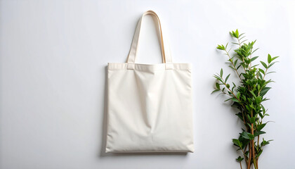 Blank Canvas Tote Bag Hanging on Wall with Green Branch – Eco Branding Mock-Up