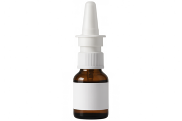 Blank-labeled brown nasal spray bottle standing isolated, showcasing minimalist medical packaging design