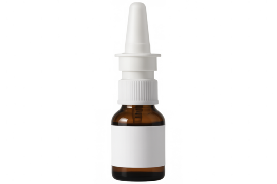 Blank-labeled brown nasal spray bottle standing isolated, showcasing minimalist medical packaging design