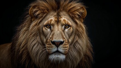 Male lion with sharp gaze and lush fur, dramatic studio lighting, dark background emphasizes the majesty,