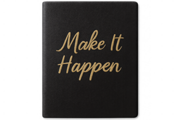 Black leather notebook showing make it happen slogan on transparent background